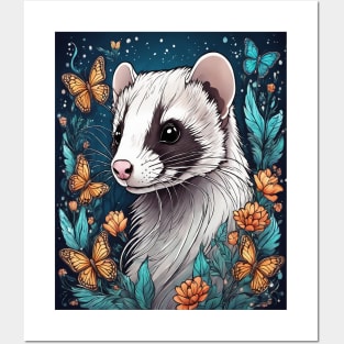 Ferret In Cottage Core and Filigree Style Art Posters and Art